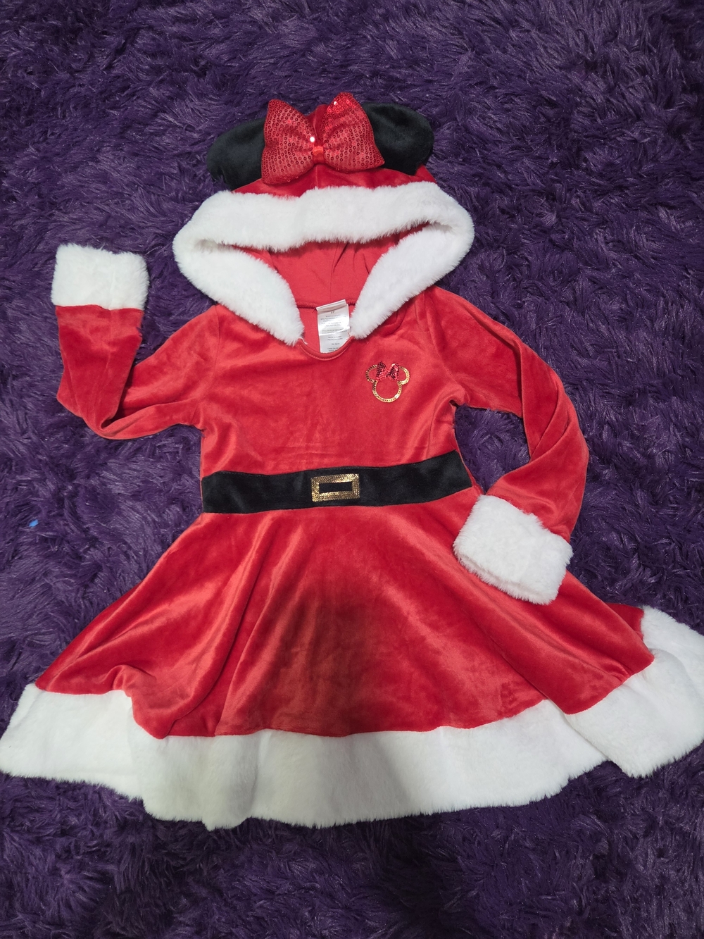 Disney Red and White Minnie Holiday Hooded Dress with Black Belt